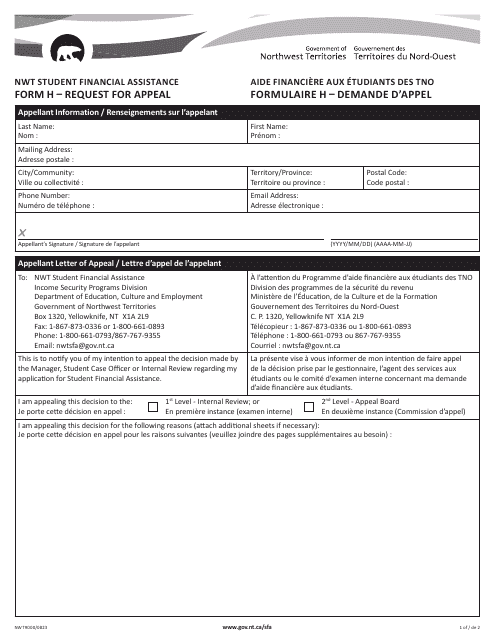 Form H (NWT9000) Request for Appeal - Northwest Territories, Canada (English/French)
