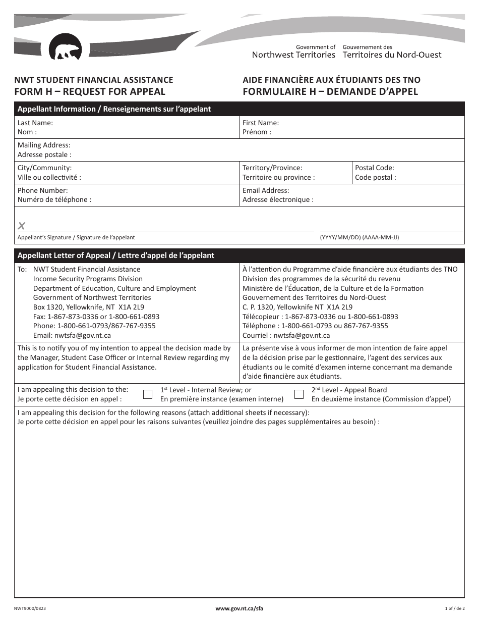 Form H (NWT9000) Request for Appeal - Northwest Territories, Canada (English / French), Page 1