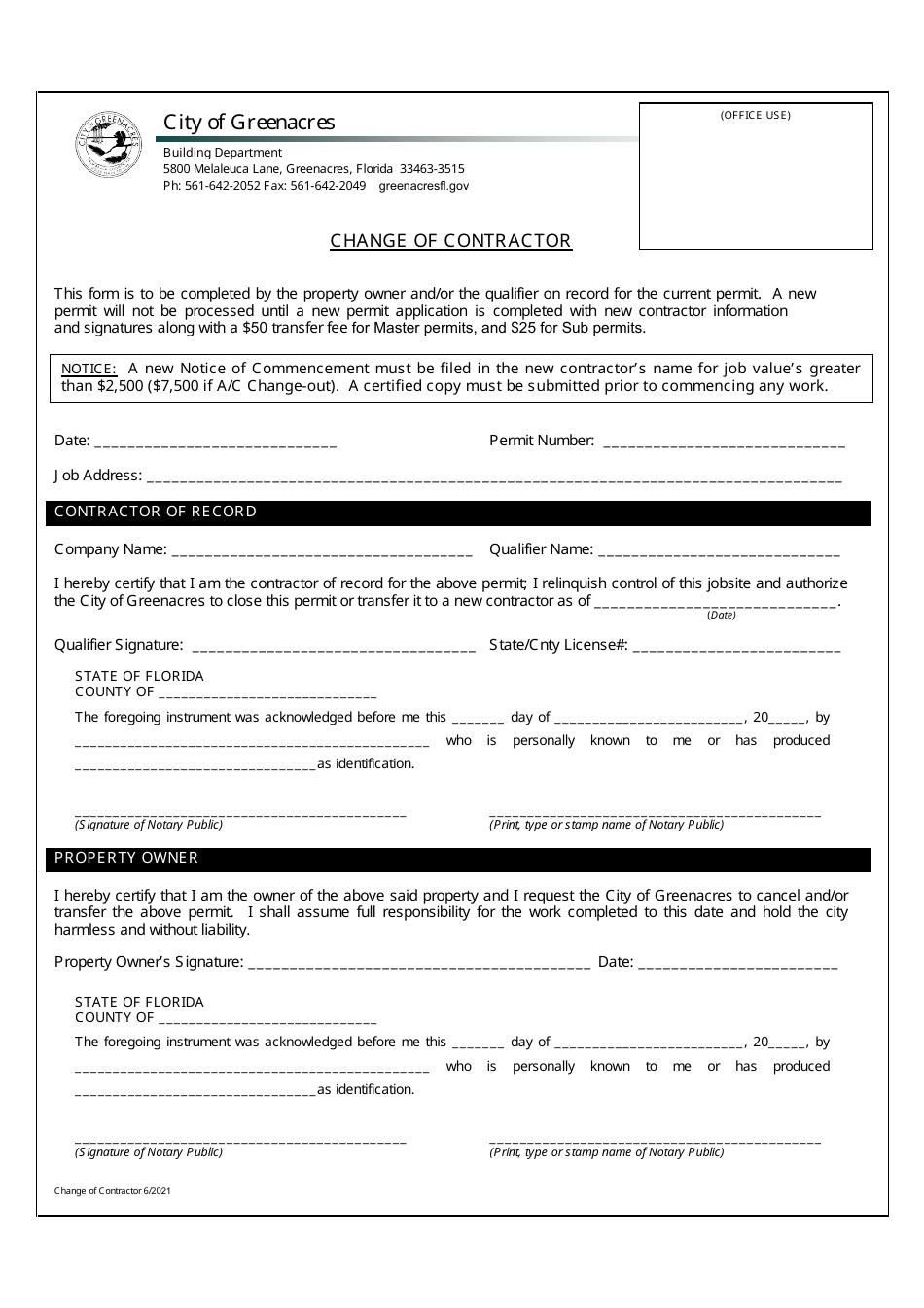 City Of Greenacres Florida Change Of Contractor Fill Out Sign   Change Of Contractor City Of Greenacres Florida Print Big 