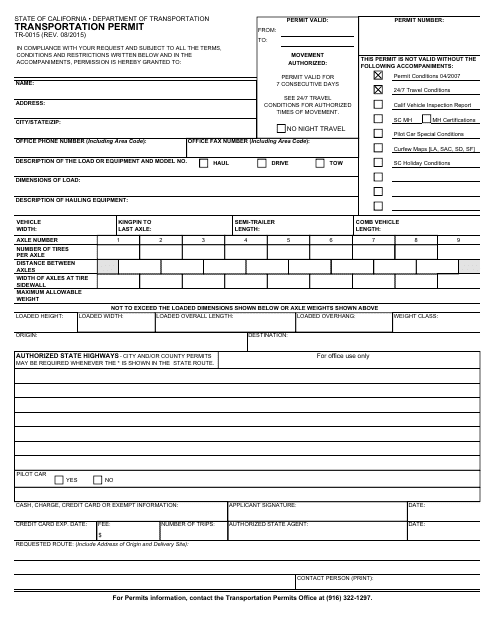 Form TR-0015 Transportation Permit - California