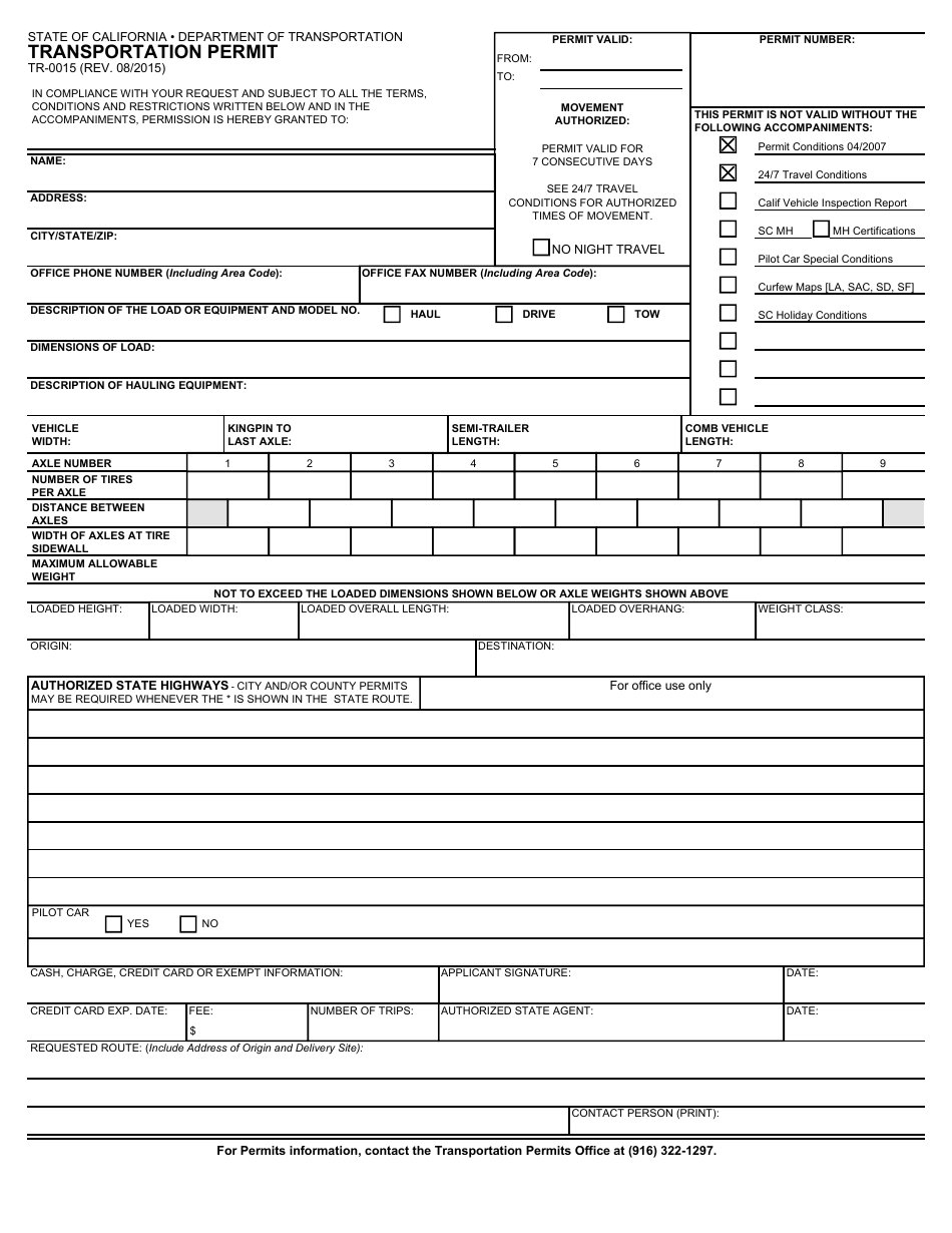 Form TR-0015 Transportation Permit - California, Page 1