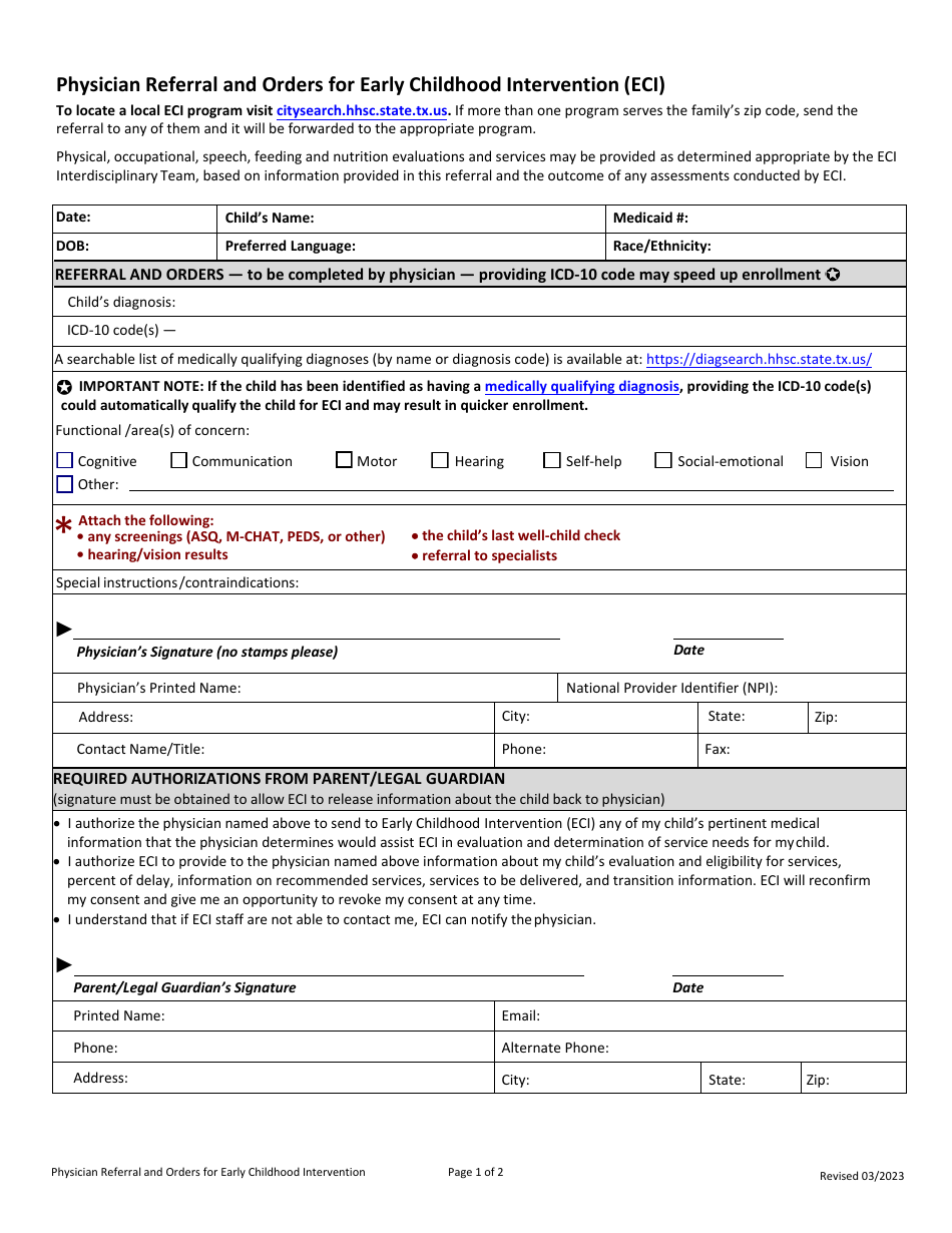 Texas Physician Referral and Orders for Early Childhood Intervention ...