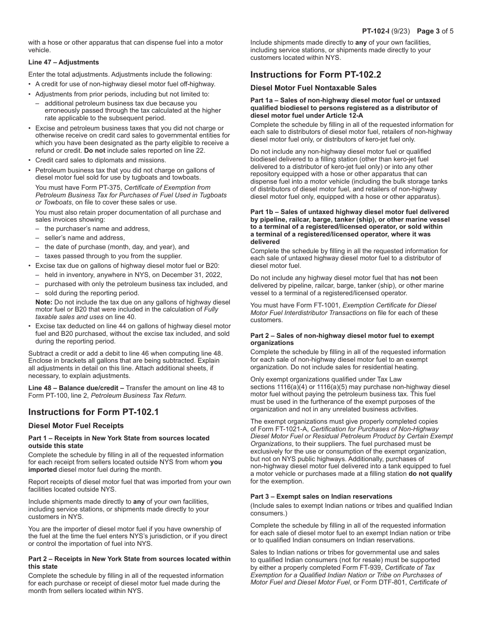 Instructions for Form PT-102 Tax on Diesel Motor Fuel - New York, Page 3