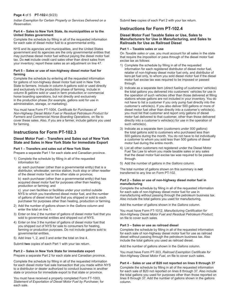 Instructions for Form PT-102 Tax on Diesel Motor Fuel - New York, Page 4