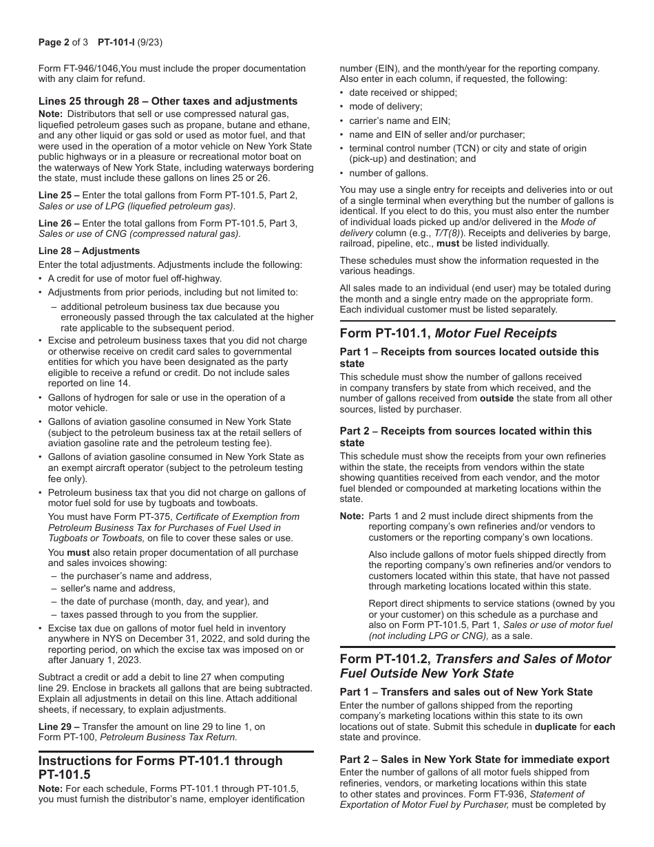 Instructions for Form PT-101 Tax on Motor Fuel - New York, Page 2