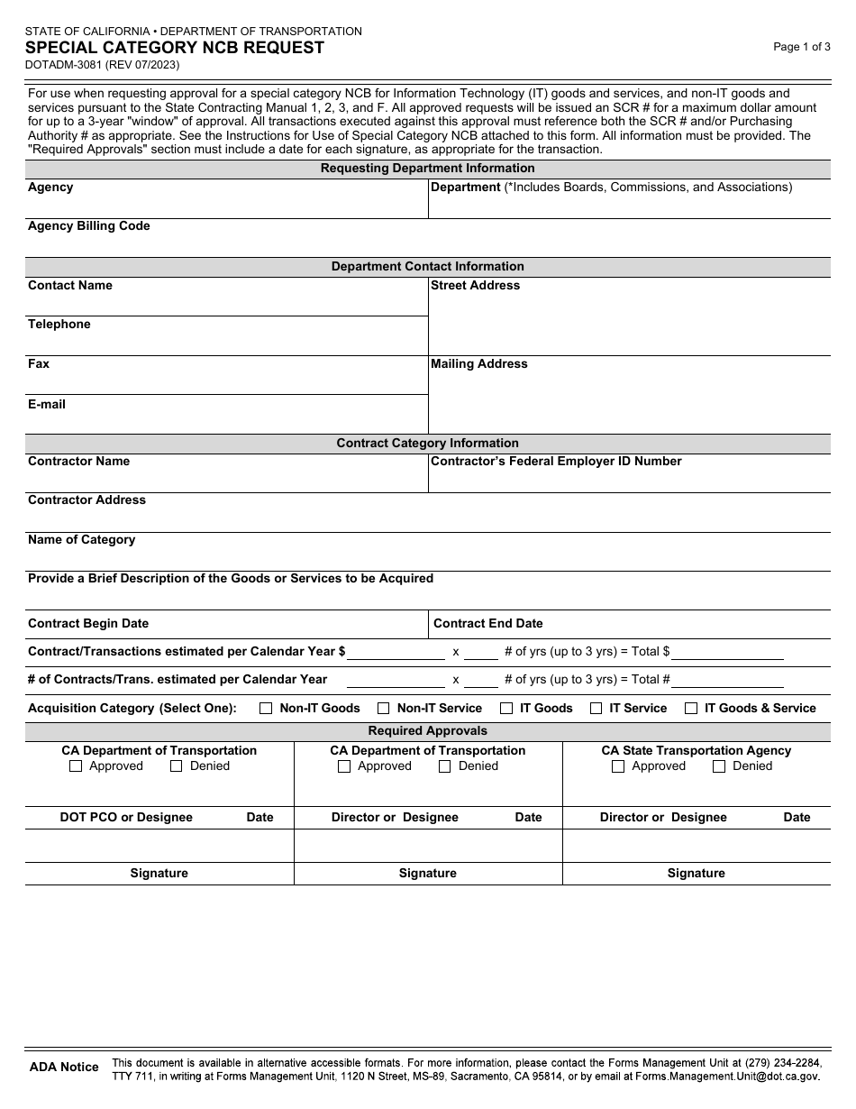 Form DOT ADM-3081 Special Category Ncb Request - California, Page 1