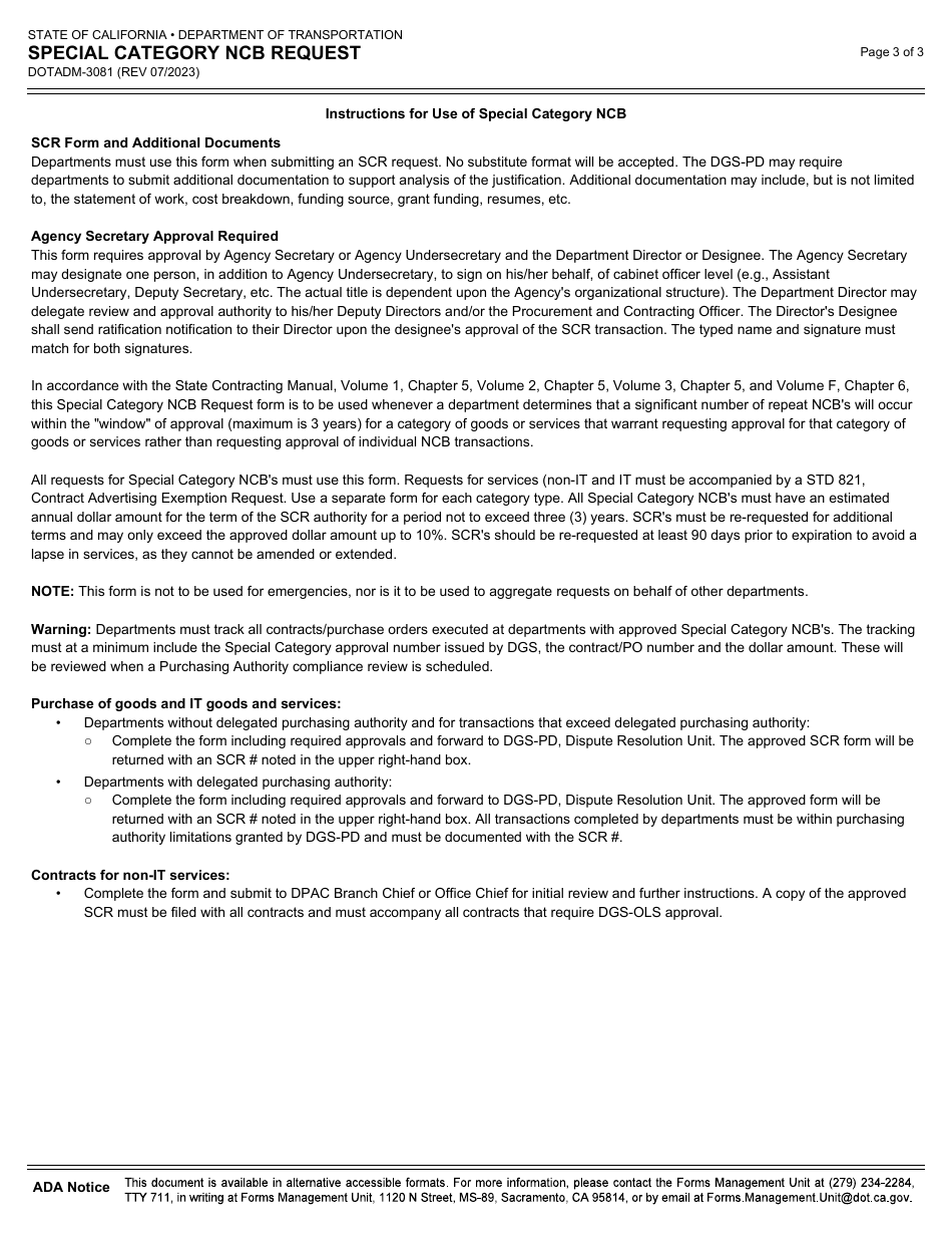 Form DOT ADM-3081 Special Category Ncb Request - California, Page 3