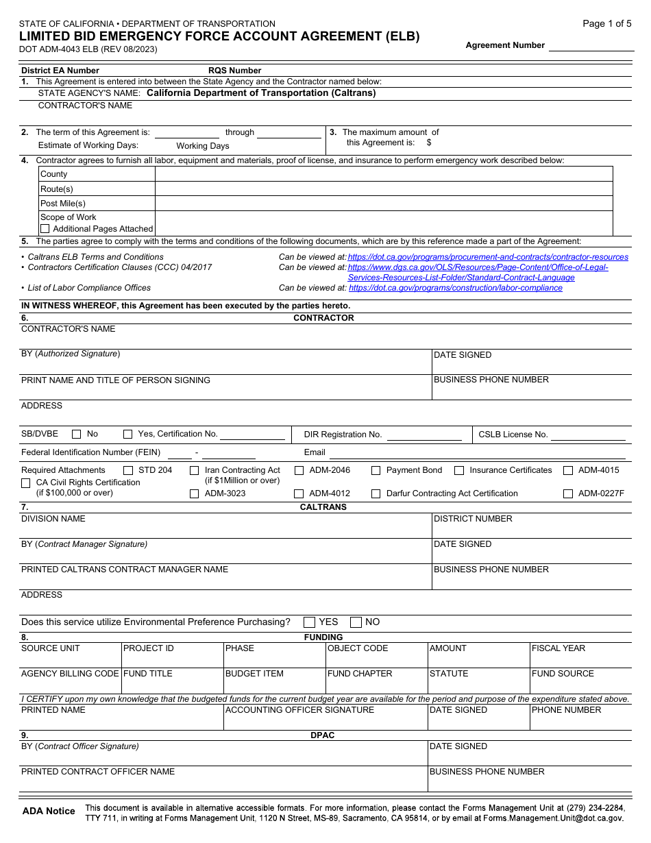 Form DOT ADM-4043 ELB Limited Bid Emergency Force Account Agreement (Elb) - California, Page 1