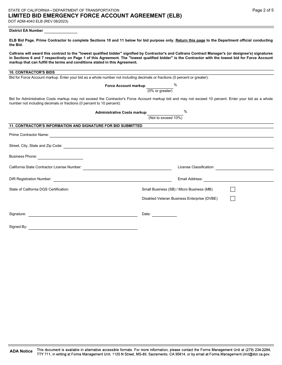 Form DOT ADM-4043 ELB Limited Bid Emergency Force Account Agreement (Elb) - California, Page 2
