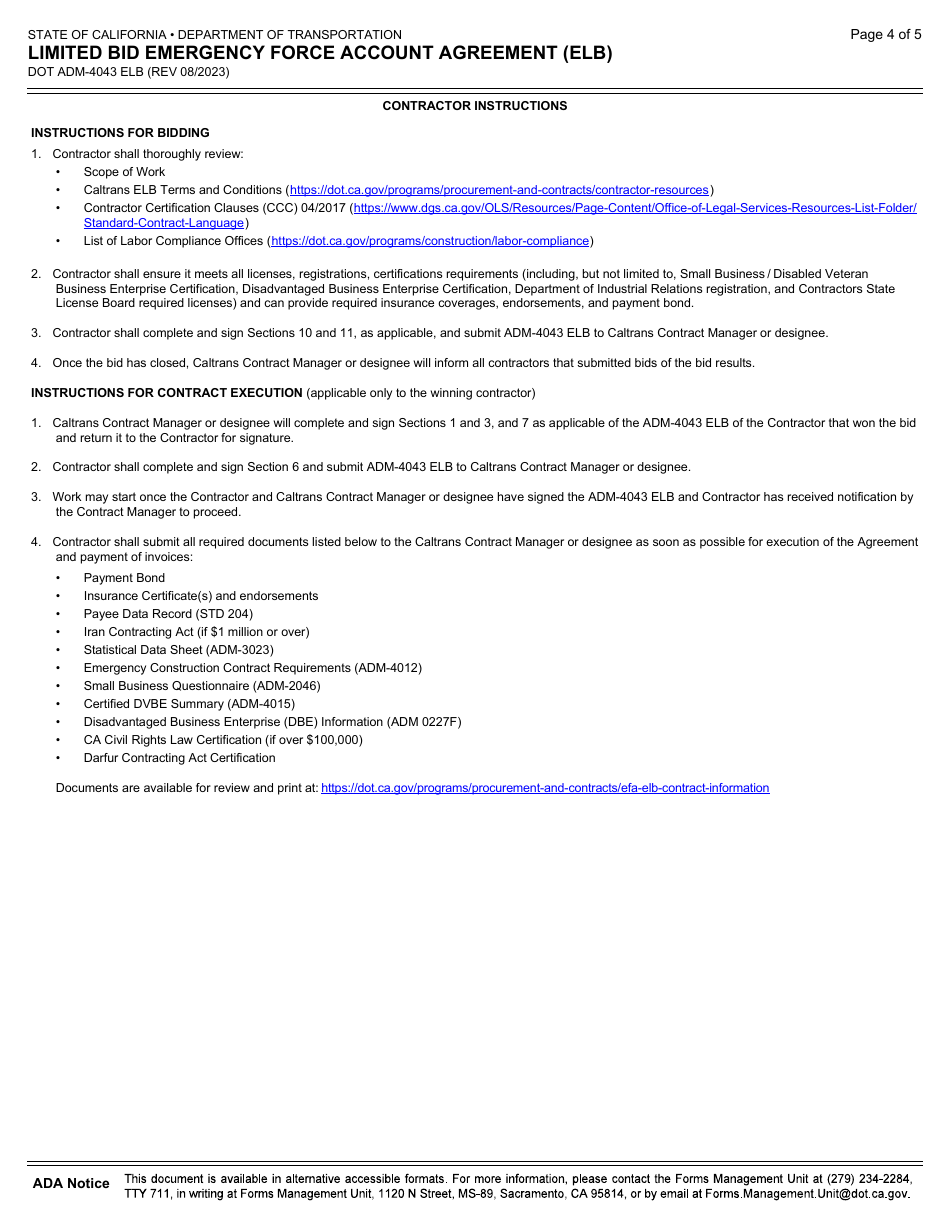Form DOT ADM-4043 ELB Limited Bid Emergency Force Account Agreement (Elb) - California, Page 4