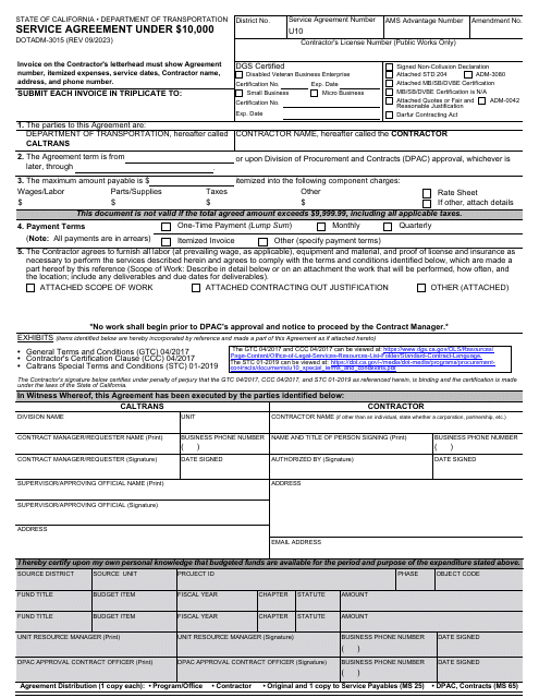 Form DOT ADM-3015 Service Agreement Under $10,000 - California