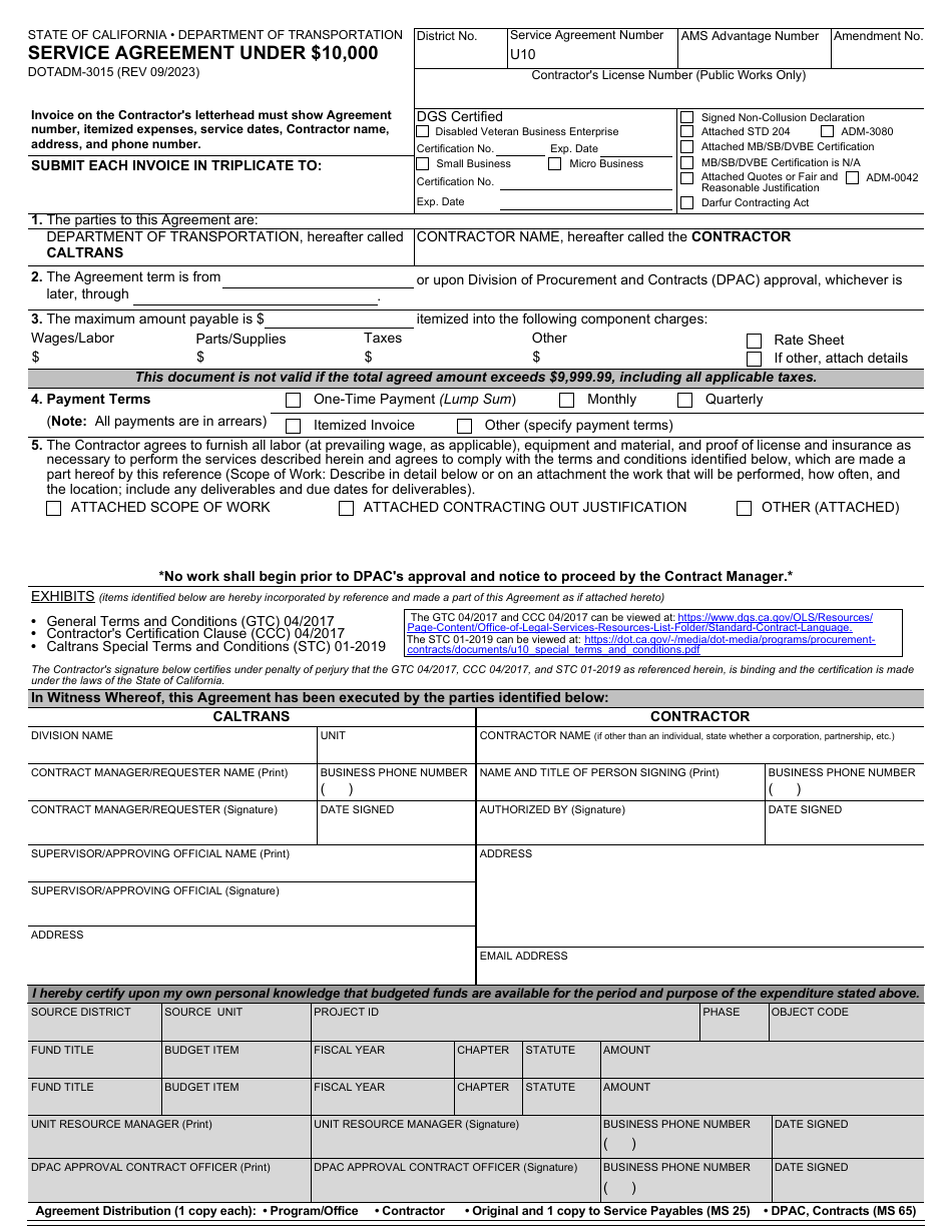 Form DOT ADM-3015 Service Agreement Under $10,000 - California, Page 1