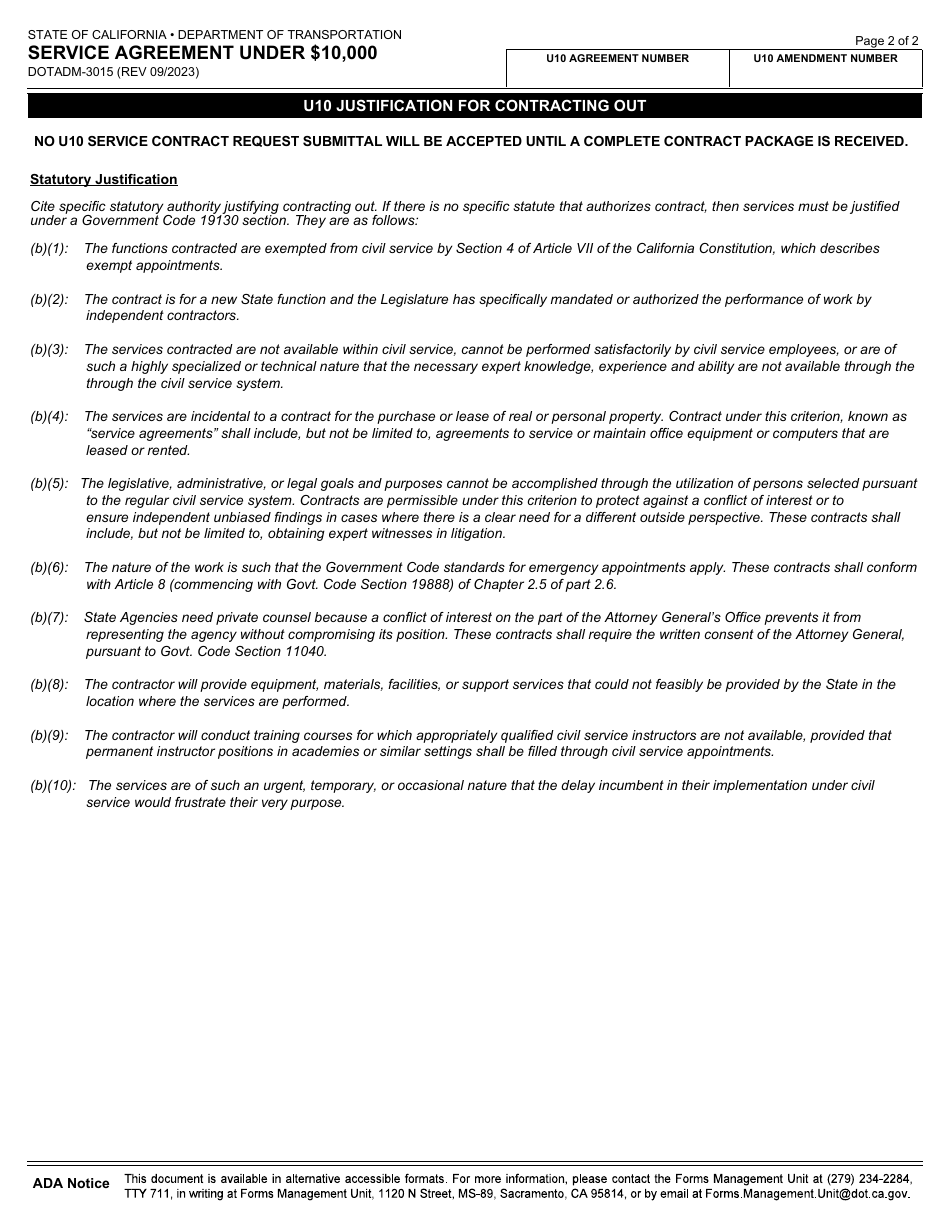 Form DOT ADM-3015 Service Agreement Under $10,000 - California, Page 9