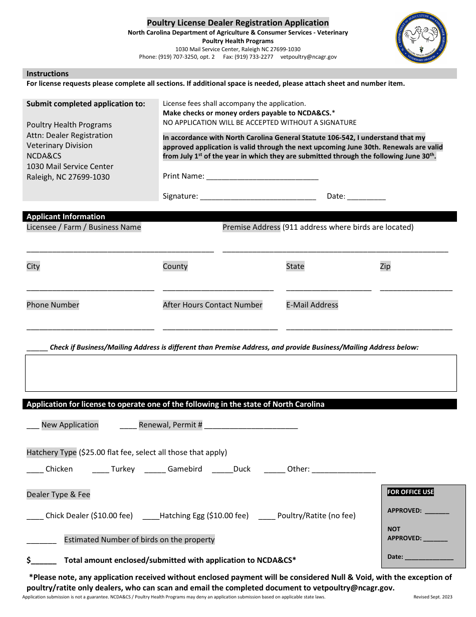 Poultry License Dealer Registration Application - North Carolina, Page 1
