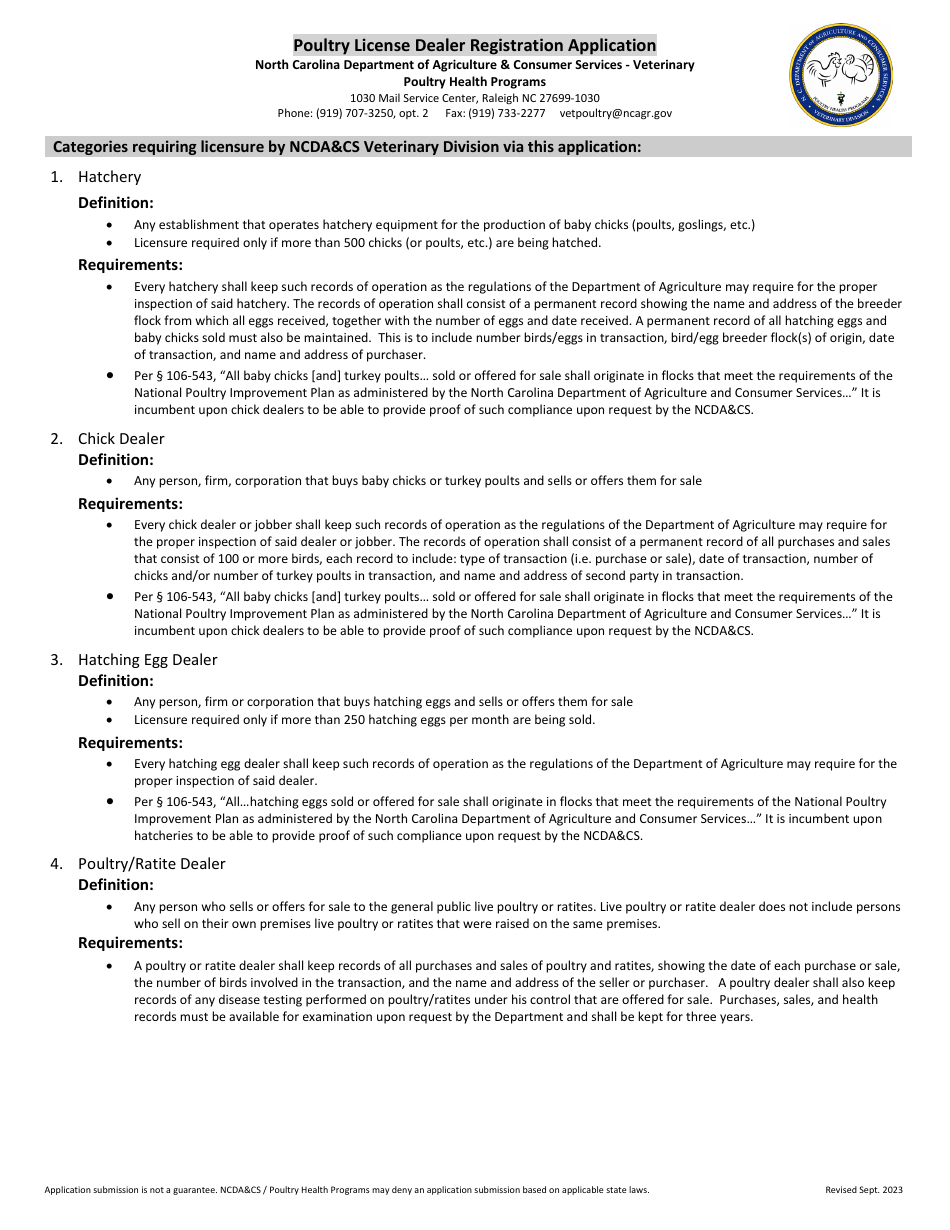 Poultry License Dealer Registration Application - North Carolina, Page 2