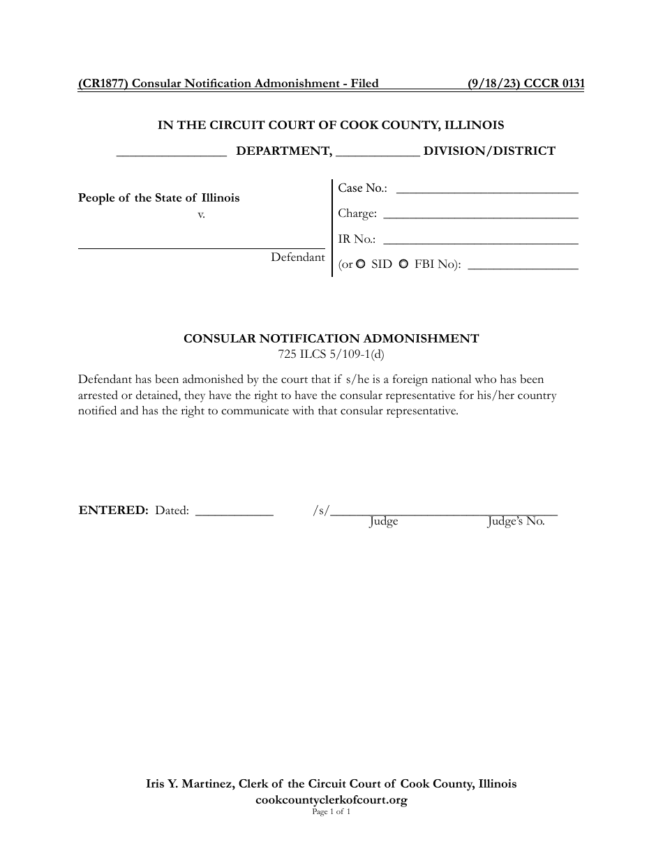 Form CCCR0131 Consular Notification Admonishment - Cook County, Illinois, Page 1