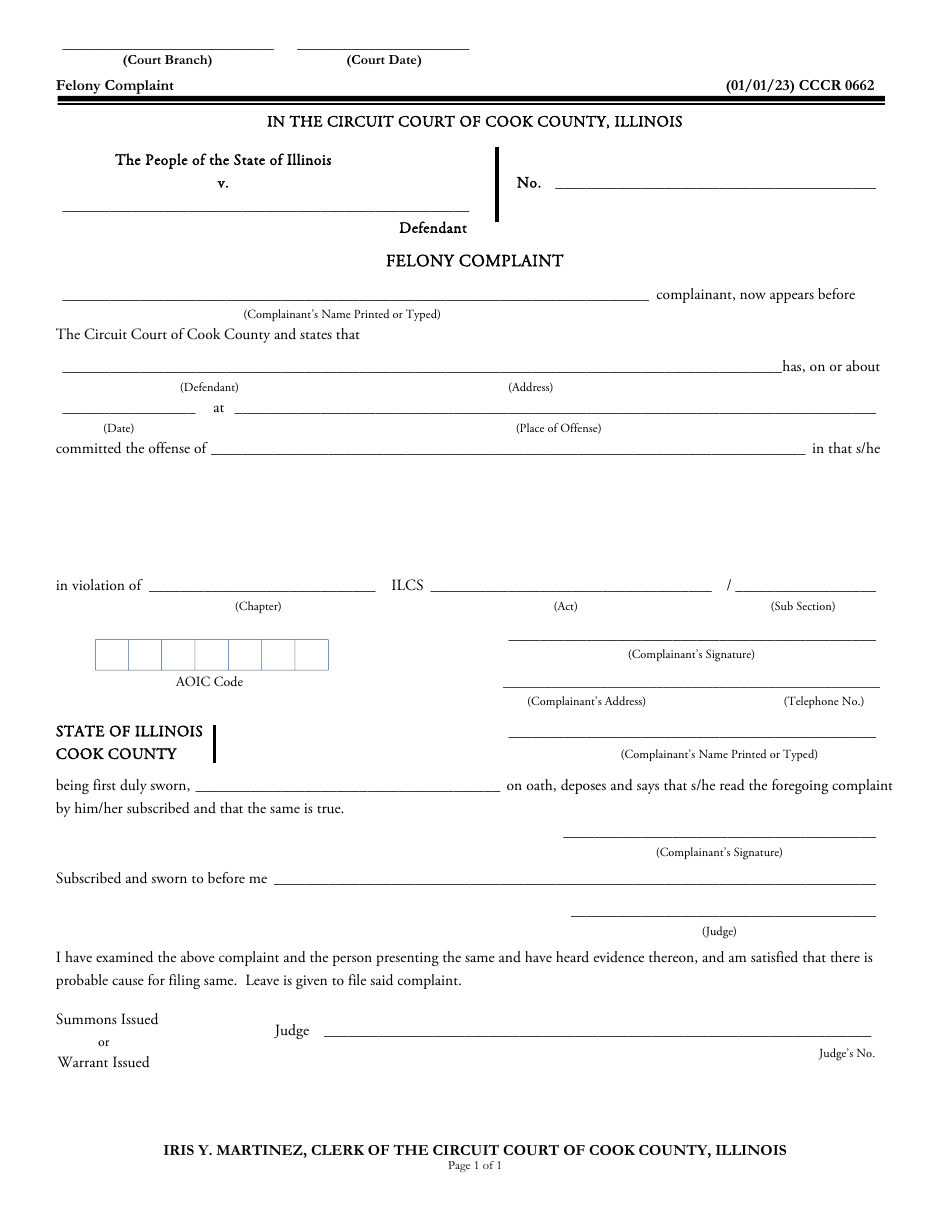 Form CCCR0662 Felony Complaint - Cook County, Illinois, Page 1