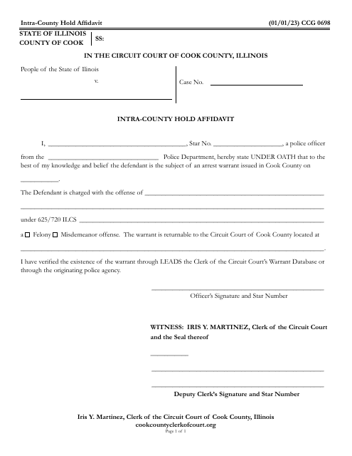 Form CCG0698 Intra-county Hold Affidavit (Felony or /Misdemeanor) - Cook County, Illinois