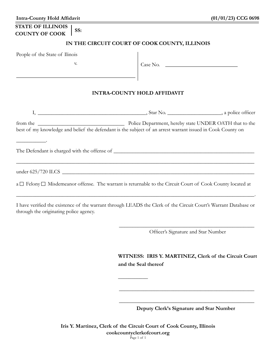 Form CCG0698 Intra-county Hold Affidavit (Felony or / Misdemeanor) - Cook County, Illinois, Page 1