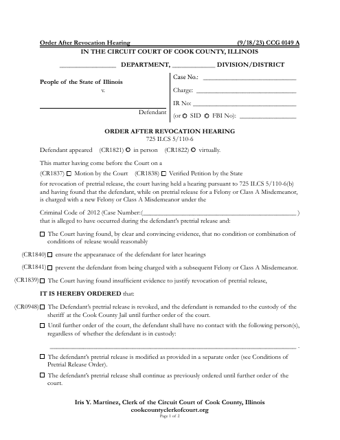 Form CCG0149 Order After Revocation Hearing - Cook County, Illinois