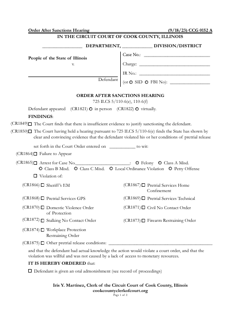Form CCG0152 Order After Sanctions Hearing - Cook County, Illinois