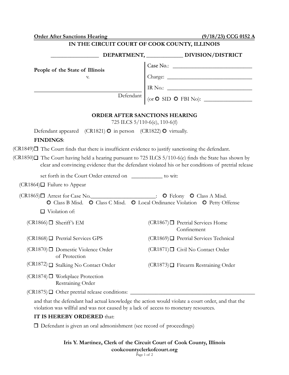Form CCG0152 Order After Sanctions Hearing - Cook County, Illinois, Page 1