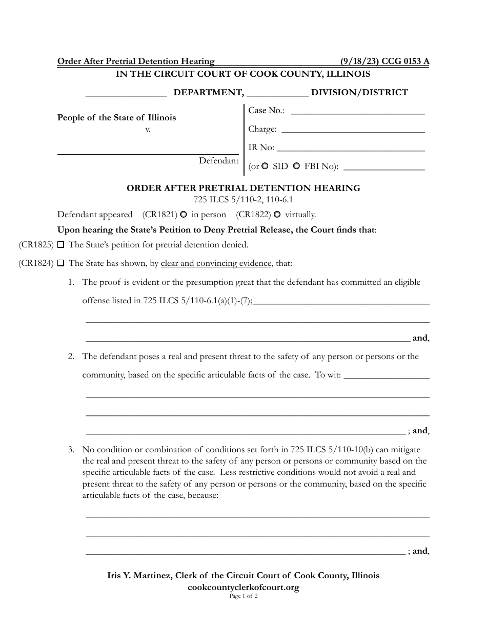 Form CCG0153 Order After Pretrial Detention Hearing - Cook County, Illinois, Page 1