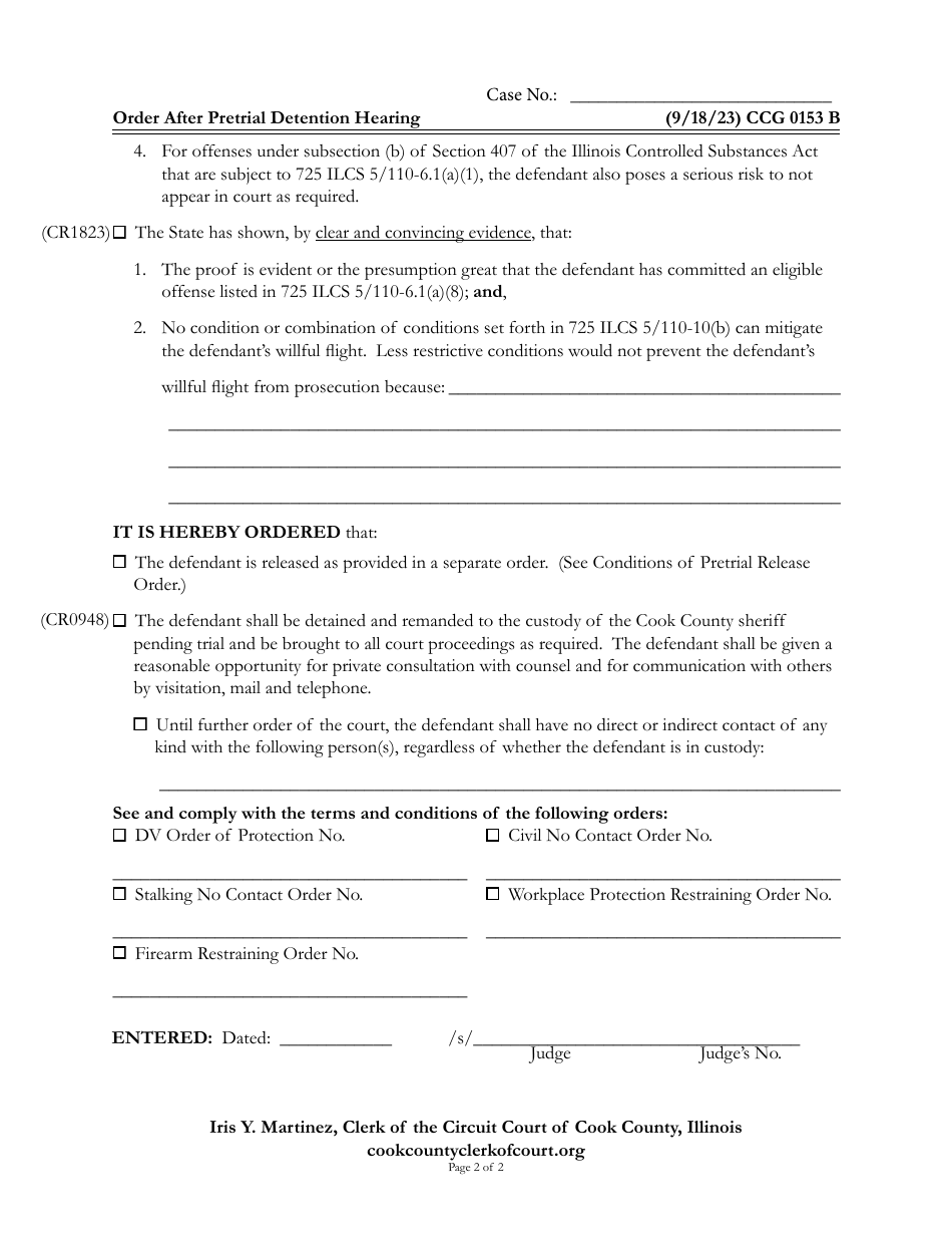 Form CCG0153 Order After Pretrial Detention Hearing - Cook County, Illinois, Page 2