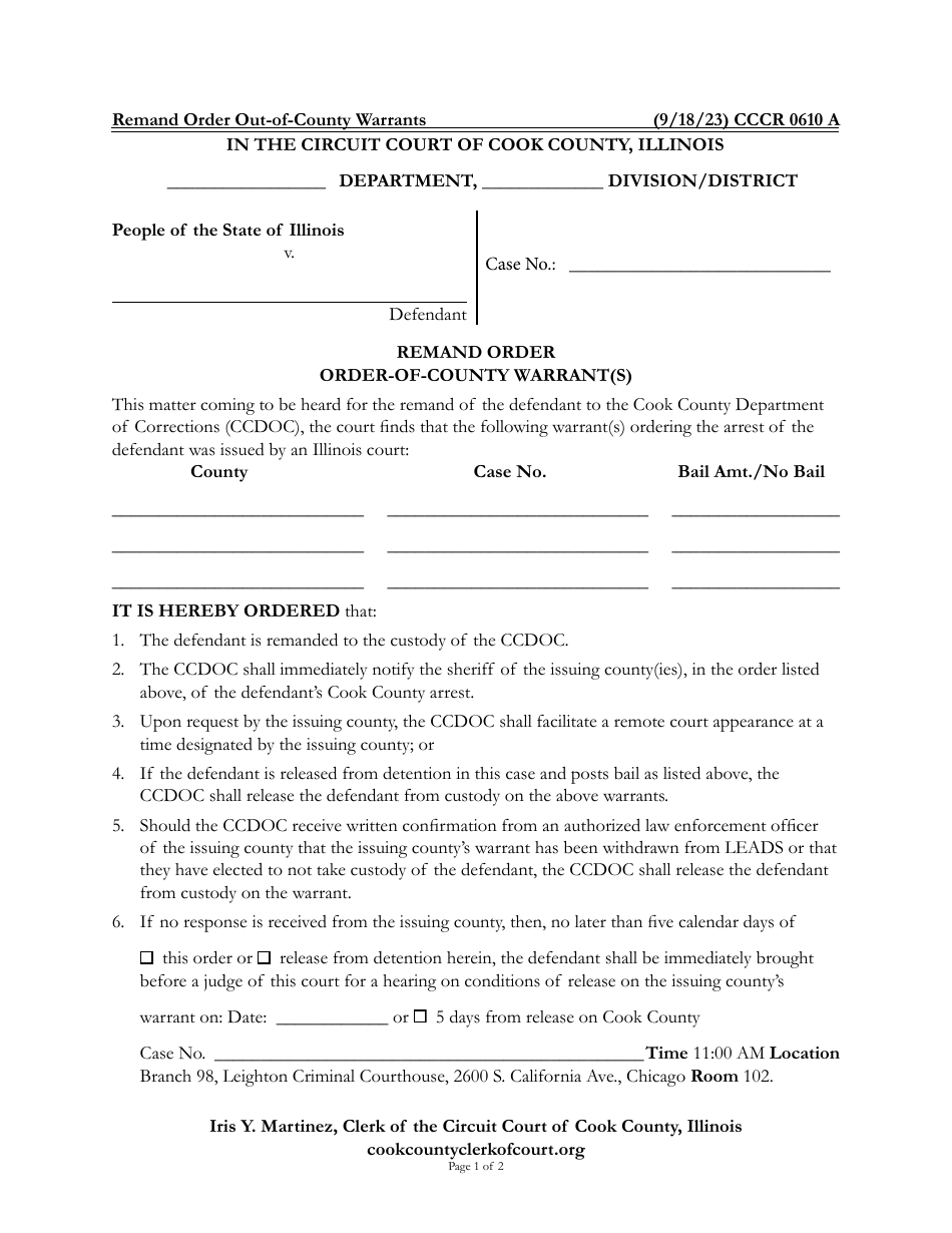 Form CCCR0610 Remand Order Order-Of-County Warrant(S) - Cook County, Illinois, Page 1