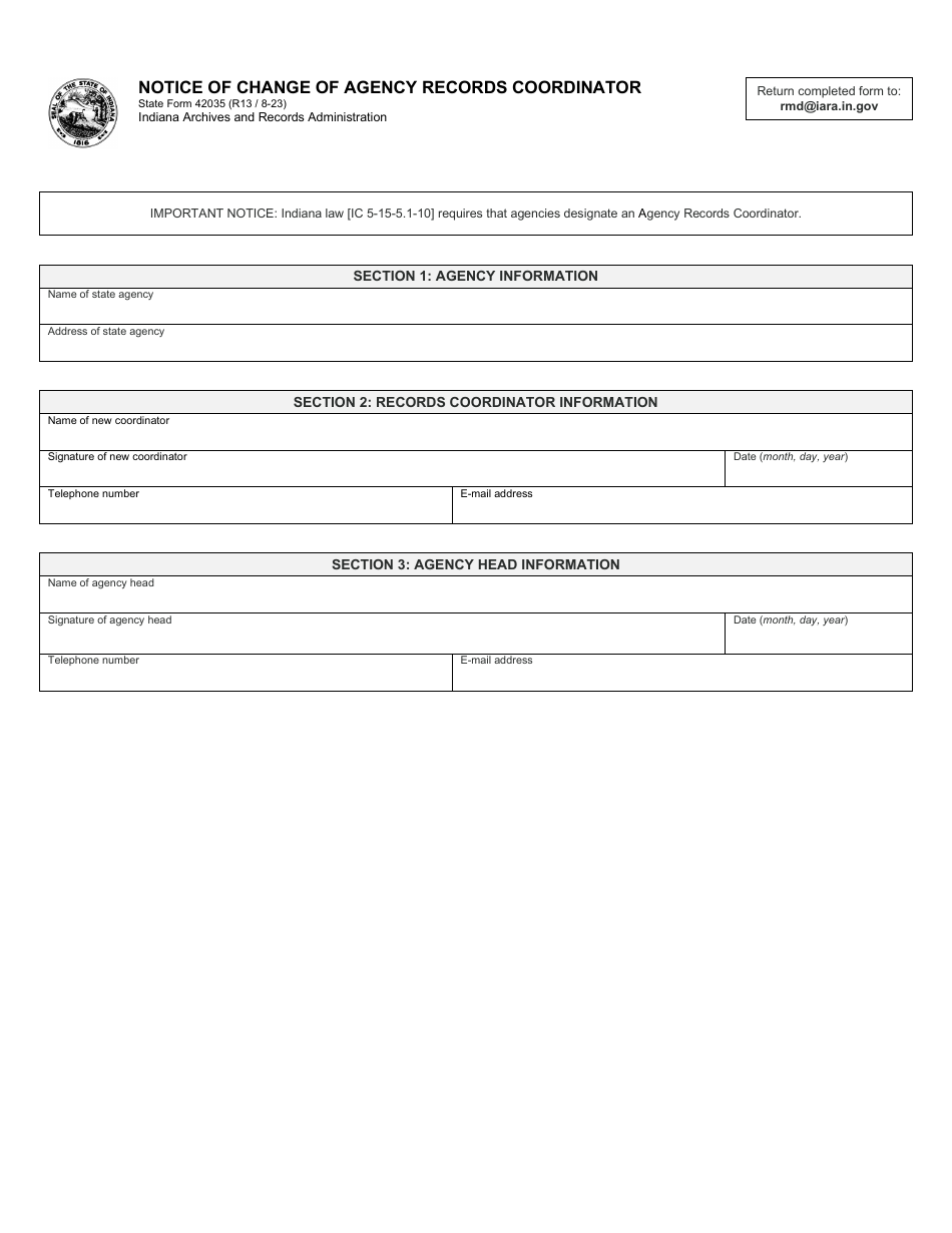 State Form 42035 Notice of Change of Agency Records Coordinator - Indiana, Page 1