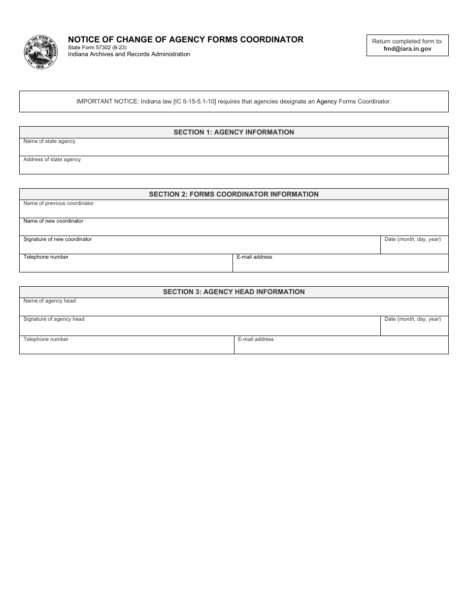 State Form 57302 Notice of Change of Agency Forms Coordinator - Indiana, Page 1