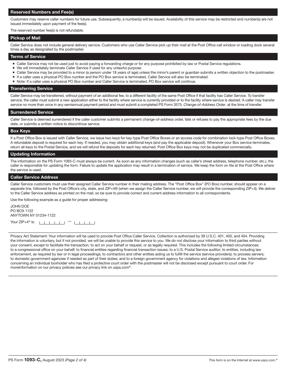PS Form 1093-C Application for Post Office Caller Servic, Page 2