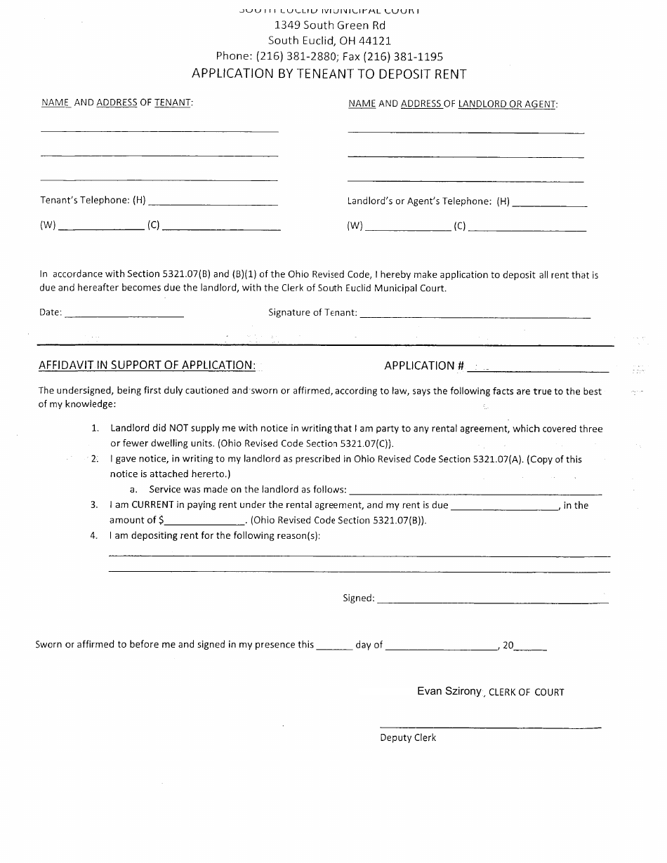 Application by Tenant to Deposit Rent - City of South Euclid, Ohio, Page 1
