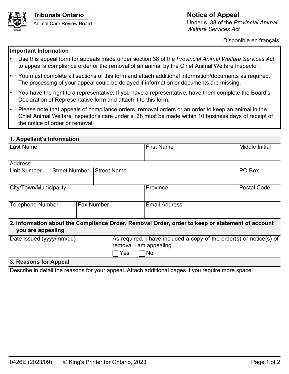 Form 0426E Notice of Appeal - Ontario, Canada, Page 1
