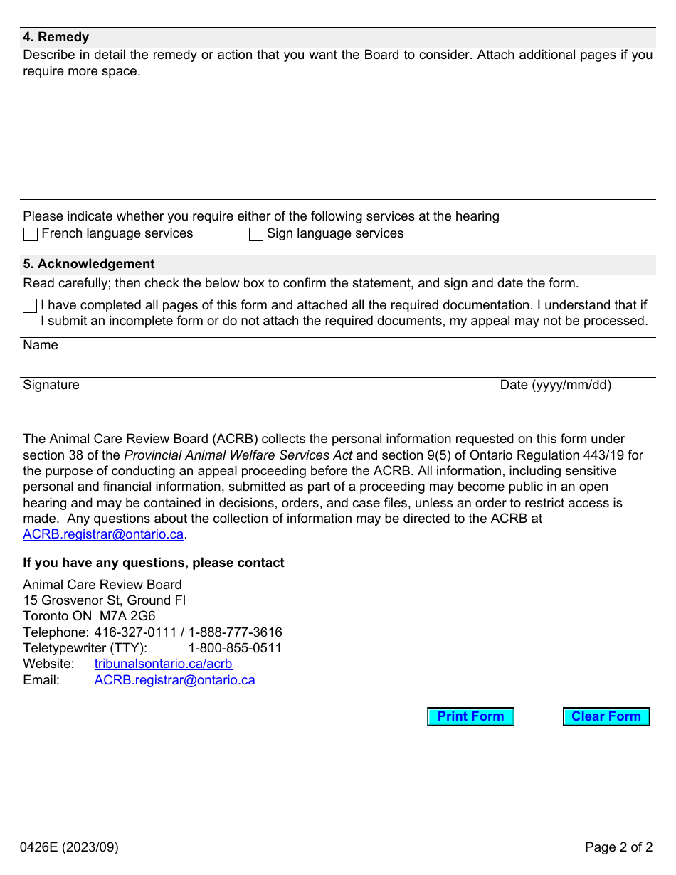Form 0426E Notice of Appeal - Ontario, Canada, Page 2