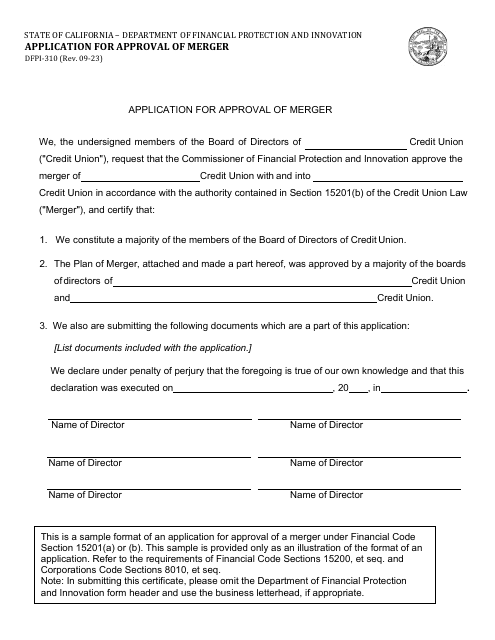Form DFPI-310 Application for Approval of Merger - California
