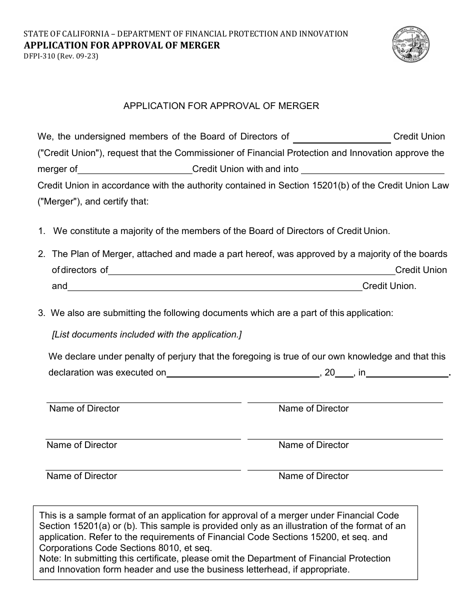 Form DFPI-310 Application for Approval of Merger - California, Page 1