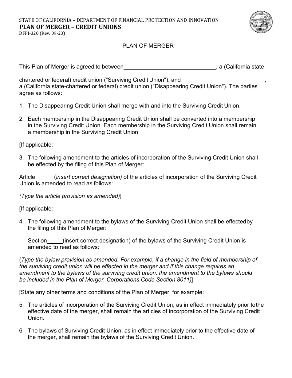 Form DFPI-320 Plan of Merger - Credit Unions - California, Page 1