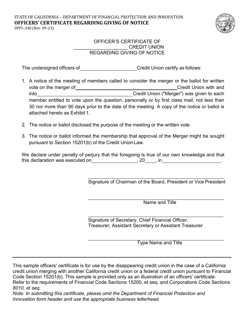Form DFPI-340 Officers Certificate Regarding Giving of Notice - California, Page 1