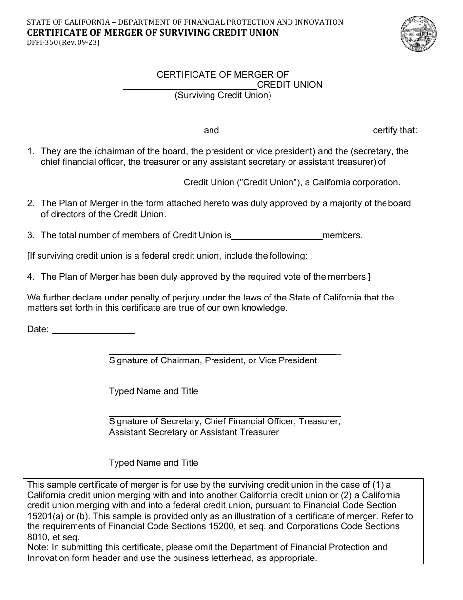 Form DFPI-350 Certificate of Merger of Surviving Credit Union - California, Page 1