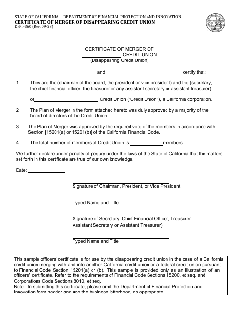 Form DFPI-360 Certificate of Merger of Disappearing Credit Union - California
