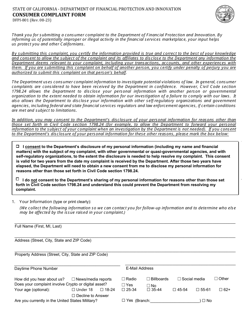Form DFPI-801 Consumer Complaint Form - California, Page 1