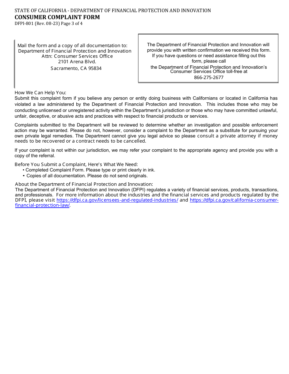 Form DFPI-801 Consumer Complaint Form - California, Page 3