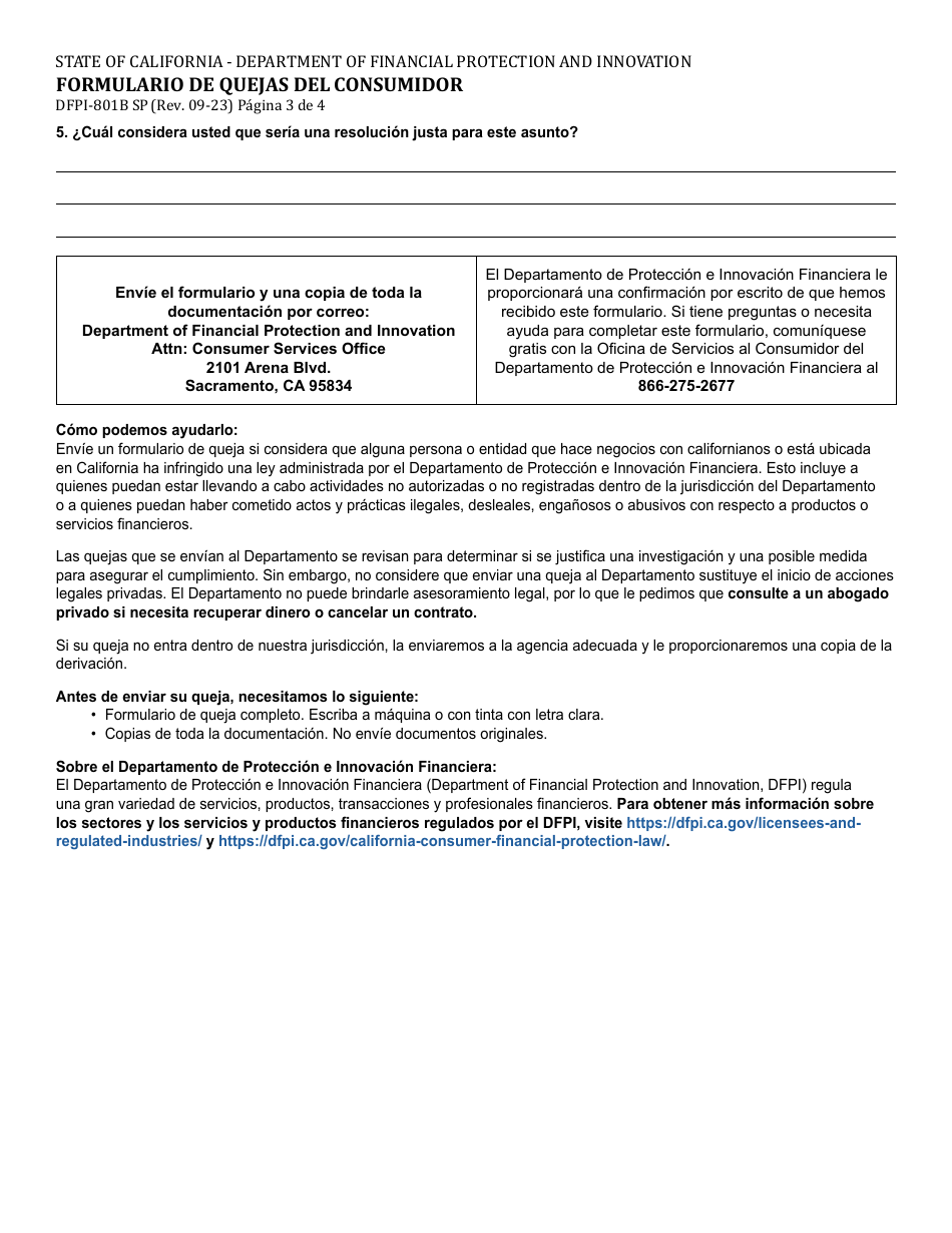 Formulario DFPI-801B Formulario De Quejas Del Consumidor - California (Spanish), Page 3