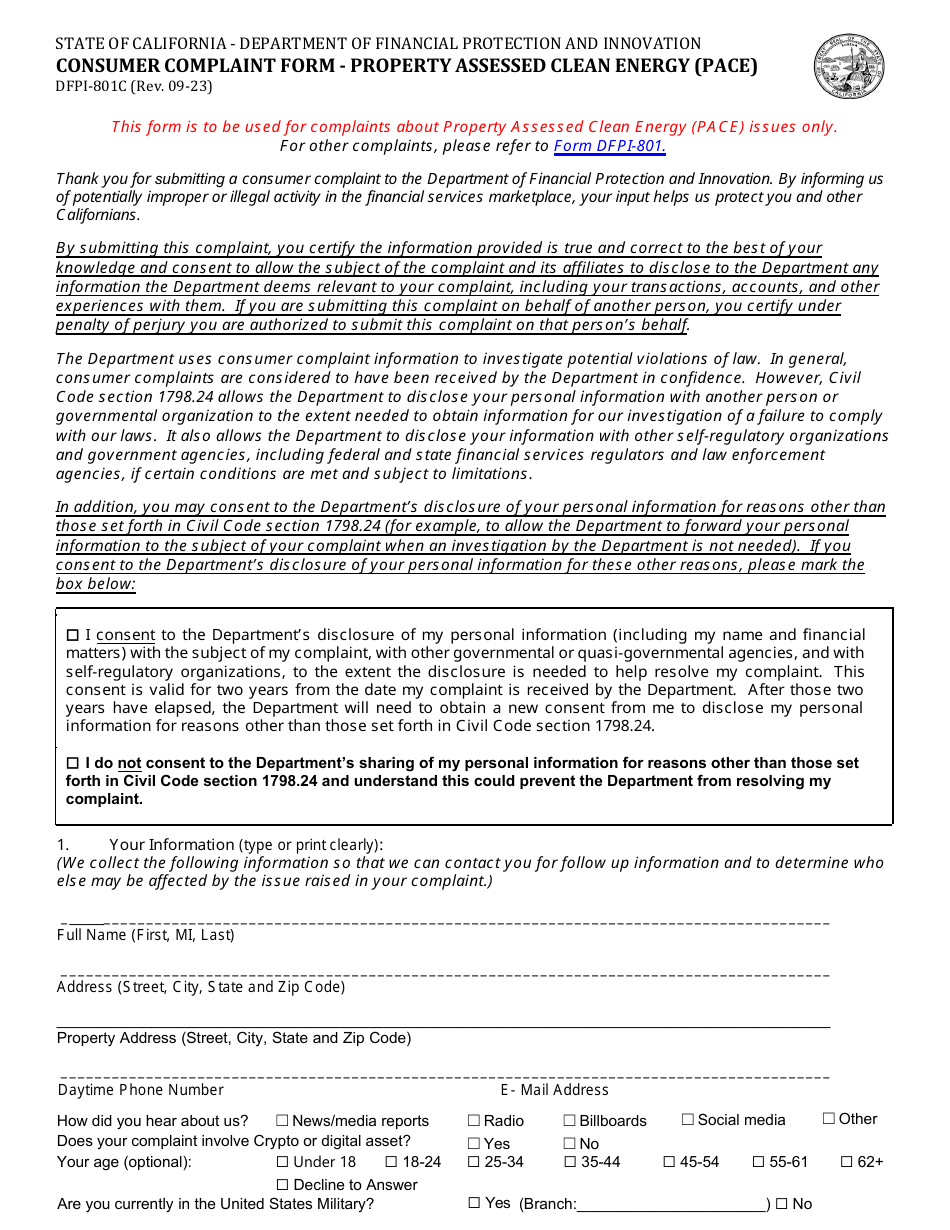 Form DFPI-801C Consumer Complaint Form - Property Assessed Clean Energy (Pace) - California, Page 1