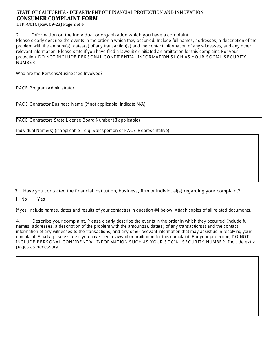 Form DFPI-801C Consumer Complaint Form - Property Assessed Clean Energy (Pace) - California, Page 2