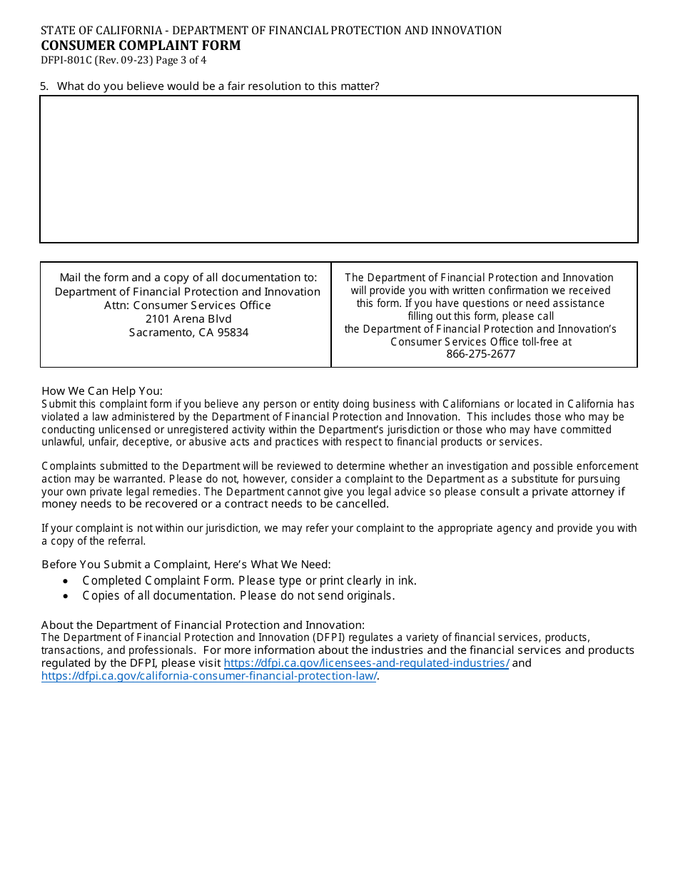 Form DFPI-801C Consumer Complaint Form - Property Assessed Clean Energy (Pace) - California, Page 3