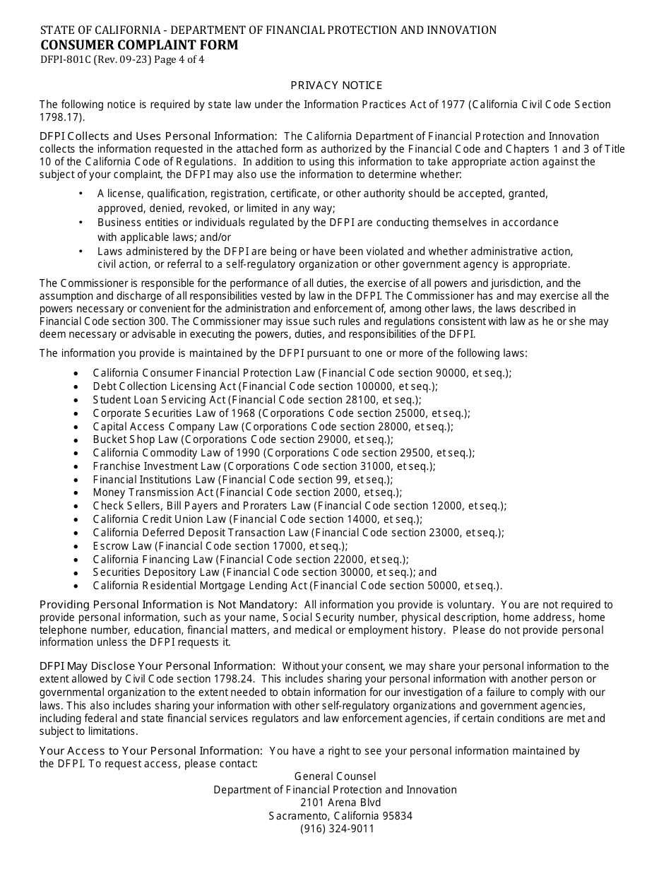 Form DFPI-801C Consumer Complaint Form - Property Assessed Clean Energy (Pace) - California, Page 4