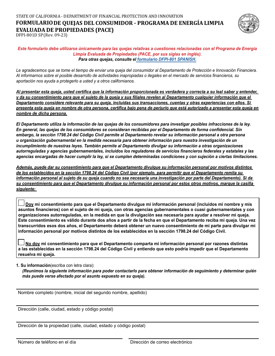Formulario DFPI-801D Formulario De Quejas Del Consumidor - Programa De Energia Limpia Evaluada De Propiedades (Pace) - California (Spanish), Page 1