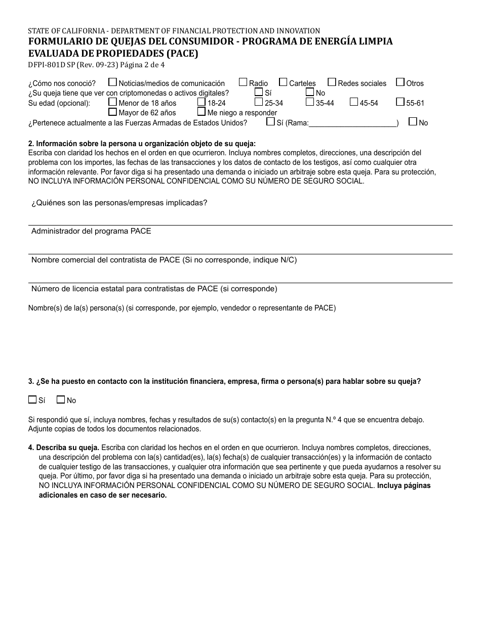 Formulario DFPI-801D Formulario De Quejas Del Consumidor - Programa De Energia Limpia Evaluada De Propiedades (Pace) - California (Spanish), Page 2